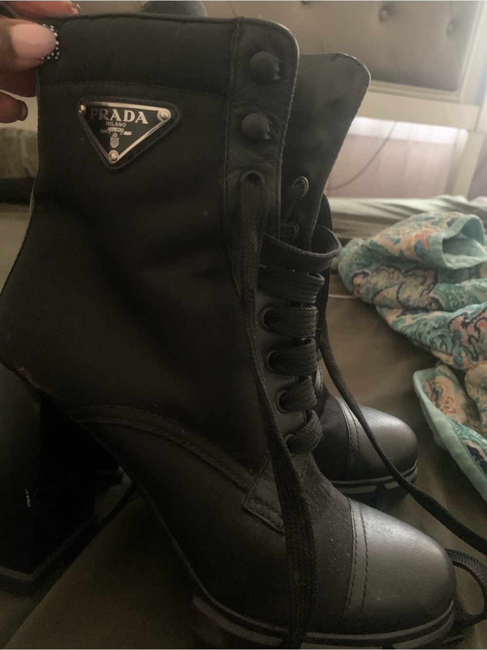 Prada Black Lace-Up Ankle Boots with Logo Plaque